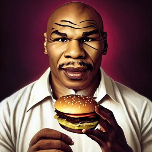 Prompt: portrait of Mike Tyson eating hamburgers, extra onions and ketchup, luscious patty with sesame seeds, feminine ethereal, handsome, D&D, fantasy, intricate, elegant, highly detailed, digital painting, artstation, concept art, matte, sharp focus, illustration, art by Artgerm and Greg Rutkowski and Alphonse Mucha