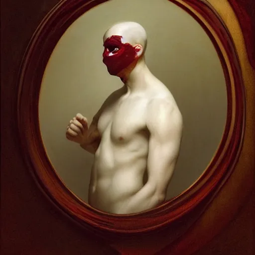 Prompt: an all white human, with no facial features, like a white mask pulled over their face, full body laying in a blood red pool of water between a golden mirror frame, outside is space and inside the mirror frame is a beautiful landscape., physically accurate, dynamic lighting, intricate, elegant, highly detailed, very very Roberto Ferri, sharp focus, illustration, art