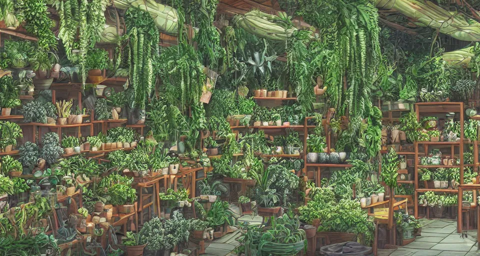 Image similar to plants shop, counter, ferns and vines, highly detailed, sharp focus, matte painting, by studio ghibli, by giovani magana,