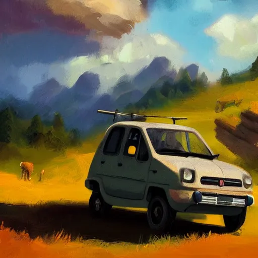 Image similar to fiat panda riding in mountains, dramatic light, impressionist painting, clouds, digital painting, artstation, simon stalenhag