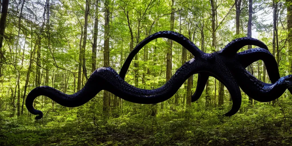 Prompt: a giant black octopus in the middle of a forest, winding around trees, beautiful ambient light, sun rays hitting the slightly transparent creature, 8k photography