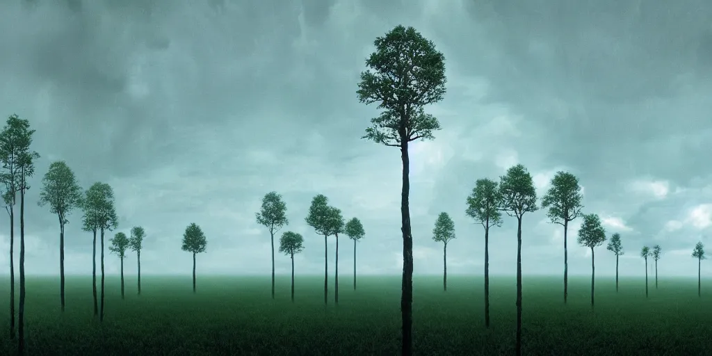 Image similar to trees from avatar movie fully wrapped in transparent polyethylene with light cloudy sky background, film still from the movie directed by denis villeneuve with art direction by zdzisław beksinski, close up, telephoto lens, shallow depth of field
