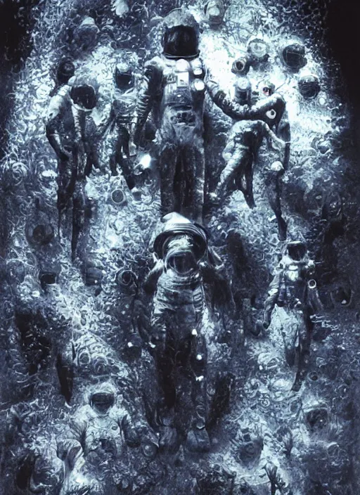 Image similar to astronauts in dark and empty void underwater - complex and hyperdetailed technical suit. reflection and dispersion materials. rays and dispersion of light. volumetric light. 5 0 mm, f / 3 2. noise film photo. flash photography. ultra realistic, wide angle. poster by wayne barlowe, hajime sorayama aaron horkey, craig mullins