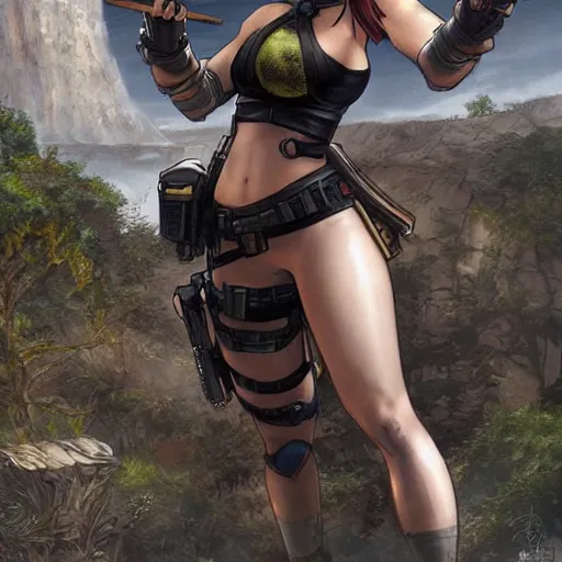 Image similar to concept art illustration of young japanese christina hendricks natalie portman as lara croft anime protagonist, wearing combat warrior fantasy bikini, intricate, elegant, art by artgerm and rosstran, masamune shirow