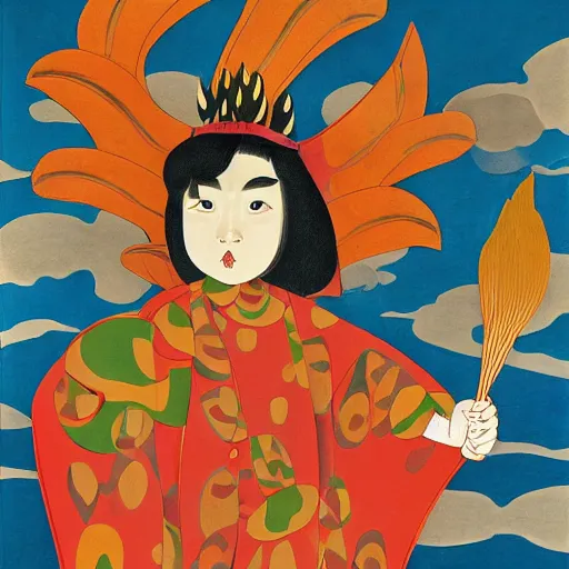 Image similar to ordered by yasuo kuniyoshi, by audrey kawasaki. a conceptual art of a young boy disguised as a dragon. the boy is shown wearing a costume with dragon - like features, including a long tail, wings, & horns. he has a large grin on his face, suggesting that he is enjoying his disguise.