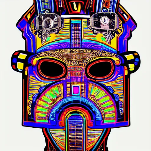 Prompt: hyperdetailed portrait of a aztec futurism punk robot head, 8 k, symetrical, flourescent colors, halluzinogenic, multicolored tshirt art, black background
