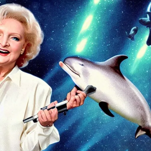 Image similar to betty white straddling a dolphin in space, wielding dual lightsabers