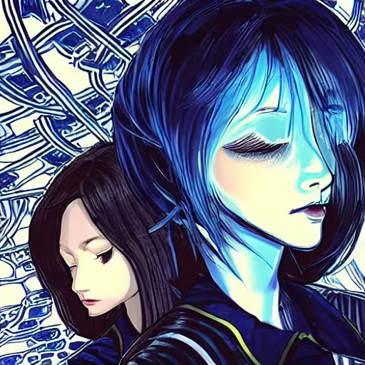 Image similar to Frequency indie album cover, luxury advertisement, blue filter, blue and black colors. Clean and detailed post-cyberpunk sci-fi close-up schoolgirl in asian city in style of cytus and deemo, blue flame, relaxing, calm and mysterious vibes, by Tsutomu Nihei, by Yoshitoshi ABe, by Ilya Kuvshinov, by Greg Tocchini, nier:automata, set in half-life 2, GITS, Blade Runner, Neotokyo Source, Syndicate(2012), dynamic composition, beautiful with eerie vibes, very inspirational, very stylish, with gradients, surrealistic, dystopia, postapocalyptic vibes, depth of field, mist, rich cinematic atmosphere, perfect digital art, mystical journey in strange world, beautiful dramatic dark moody tones and studio lighting, shadows, bastion game, arthouse