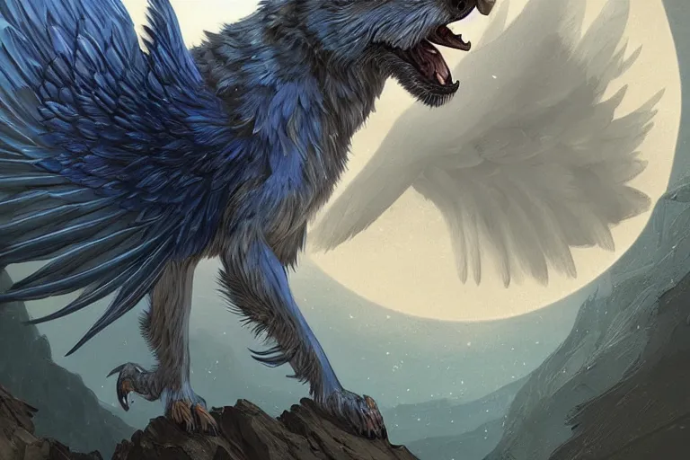 Image similar to Blue feathered wolf with wings on a beautiful fantasy landscape, hills, mountains, moonlit, HD, illustration, epic, D&D, fantasy, intricate, elegant, highly detailed, digital painting, artstation, concept art, smooth, sharp focus, illustration, art by artgerm and greg rutkowski and alphonse mucha