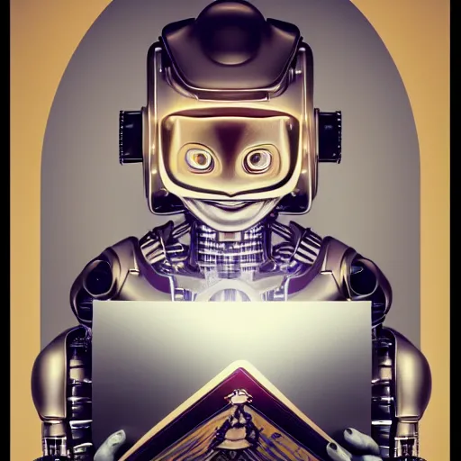 Prompt: a beautiful intricate fine art portrait photo of a happy mechanical futuristic cybernetic robot reading a letter of admission held in hands, by anna dittman and zach sutton, eyes glowing, happiness!, perfection!, studio lighting, golden ratio composition, 50mm lens, bionic, cybernetic scifi, deep depth of field, artstation, 8K