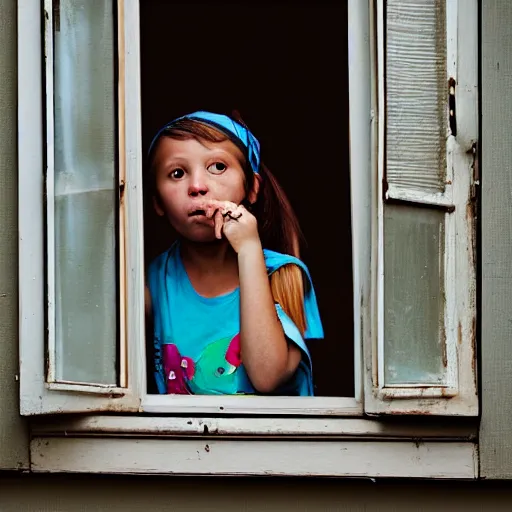 Prompt: a little girl with pigtails smoking a joint out of her rooms window, photography