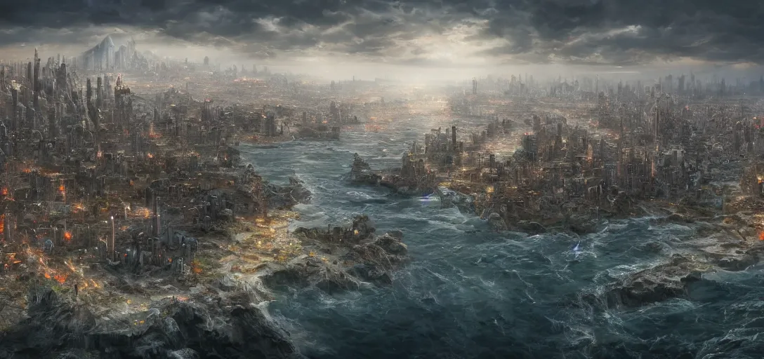 Image similar to A city on the edge of the world, matte painting, digital art, trending on artstation, award-winning art, dramatic, detailed, ultra detailed, highly detailed 8k