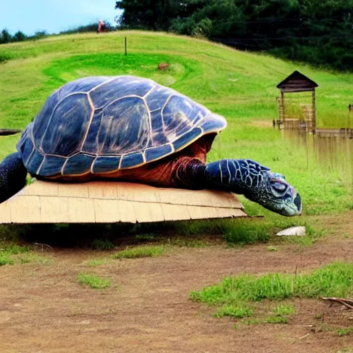 Prompt: a giant turtle with a village on its shell