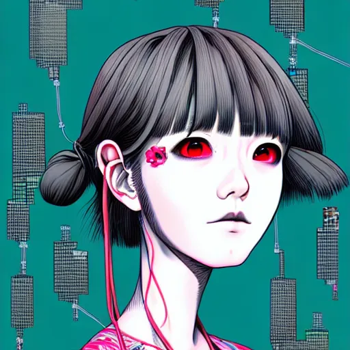 Image similar to full view of girl from serial experiments lain, style of yoshii chie and hikari shimoda and martine johanna, highly detailed