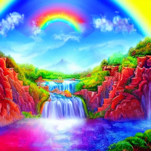 Image similar to fantasy world under the rainbow with terraced landscape and waterfalls beautiful detailed painting 4 k