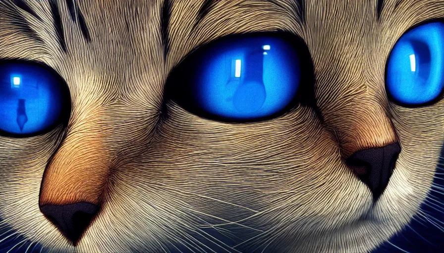 Image similar to liquid gold cat, light reflection, realistic, blue eyes, hyperdetailed, artstation, cgsociety, 8 k