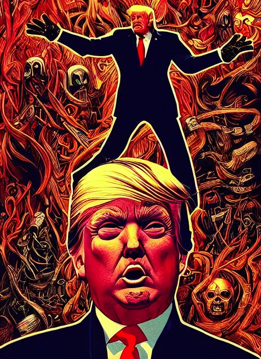 Prompt: donald trump as the villain, slasher film, grotesque, horror, high details, intricate details, by vincent di fate, artgerm julie bell beeple, 70s, inking, vintage 70s print, screen print