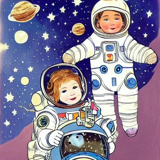 Image similar to a cute little girl with a round cherubic face, blue eyes, and short wavy light brown hair smiles as she floats in space with stars all around her. she is an astronaut, wearing a space suit. beautiful painting with highly detailed face by quentin blake and alphonse mucha