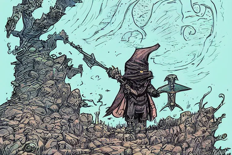 Prompt: a wizard cultist standing in the distance by skottie young,