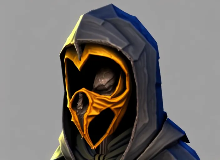 Prompt: hooded skull, with mortal kombat scorpion style facemask, stylized stl, 3 d render, activision blizzard style, hearthstone style, crash bandicoot artstyle