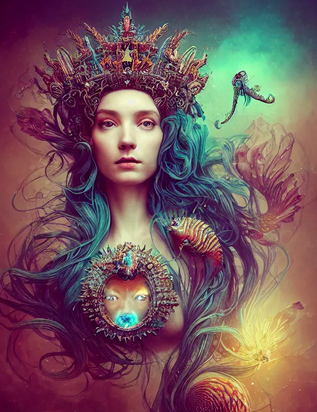 Image similar to blurred background. close-up portrait of a goddess in crown made of skulls. betta fish, phoenix, bioluminiscent creature, super intricate ornaments, by Anne Bachelier by Anka Zhuravleva, Anato Finnstark and Alena Aenami, Bruno Walpoth. unreal engine