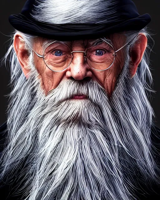 Image similar to portrait of 8 0 - year - old man, with blue eyes, very long silver hair, and very long silver beard, a long crooked nose, dumbledore, wearing in black cloak, hyper realistic face, beautiful eyes, character art, art by mark brooks, hyperdetailed, cryengine, trending on artstation, digital art