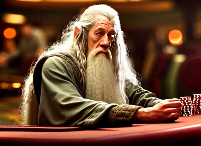 Image similar to film still of gandalf gambling in a casino in lord of the rings movie, 8 k