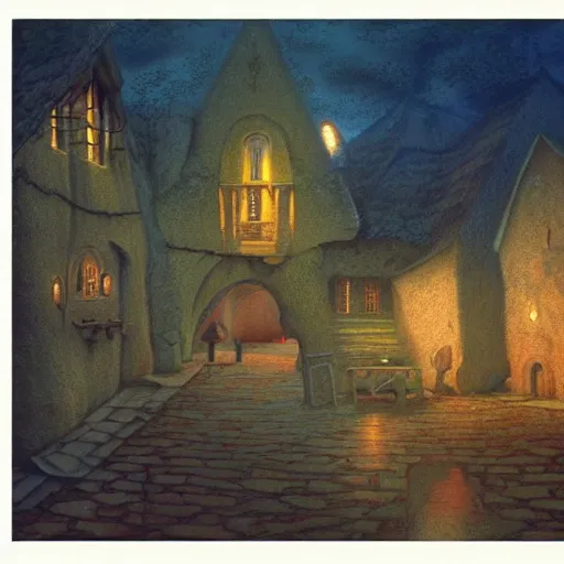 Image similar to scene from a dream. village. digital artwork by vincent bons, michael whelan, remedios varo and gerardo dottori. grainy and rough. interesting pastel colour palette. beautiful light. oil and water colour based on high quality render.