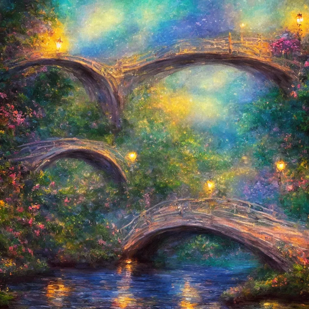 Prompt: fairyland bridge, outside of time and space, dreamy, romantic, dusk, expressive impressionist style, highly detailed, 8 k