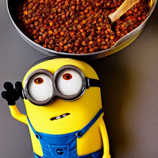 Image similar to minion eating a dish of hot lentils with grated cheese on top, in a poorly ventilated party flash photography