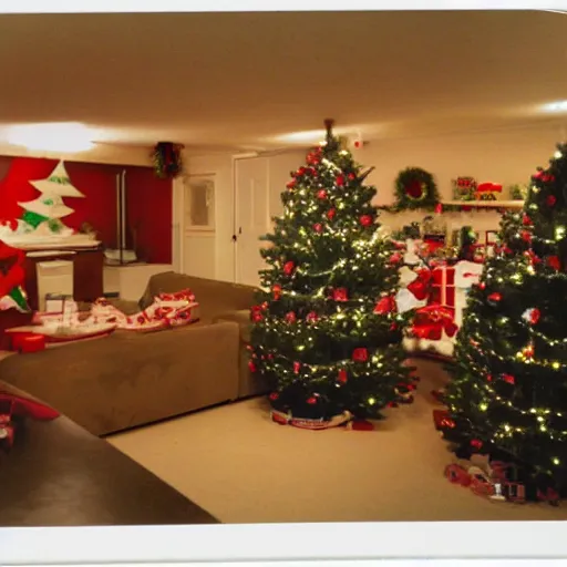 Image similar to polaroid photograph of christmas themed basement