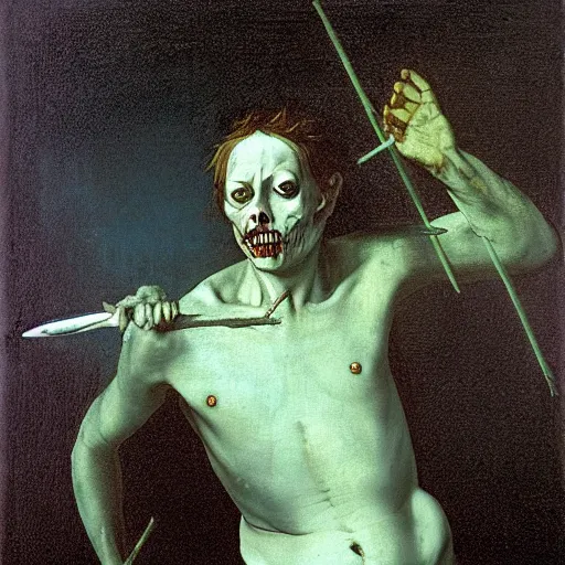 Image similar to painting by caravaggio of a drowned zombie holding a trident with glowing cyan eyes, wearing ragged clothing, holding a trident, underwater, pastel green and blue color palette