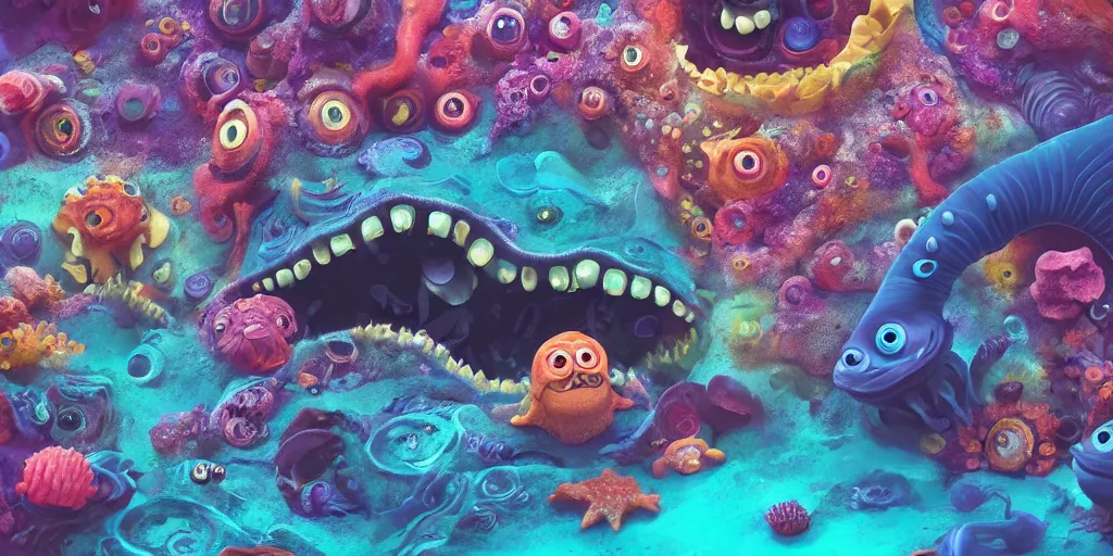 Image similar to of a colorful deep sea under water with strange cute friendly happy creatures with huge eyes, mouth, long tongue and round teeth appearing from sandy coral, in the style of gehry and gaudi, macro lens, shallow depth of field, ultra detailed, digital painting, trending artstation, concept art, illustration, cinematic lighting, photorealism, epic, octane render