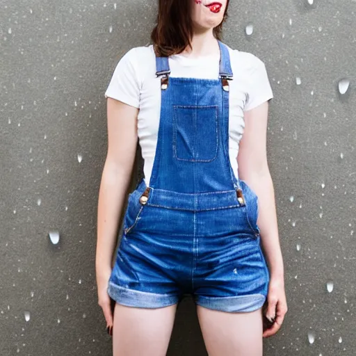 Prompt: full body portrait, attractive Female, soft eyes and narrow chin, skinny figure, paint covered overalls, short shorts, combat boots, fishnet stockings, raining, basic white background, crisp lines and color,