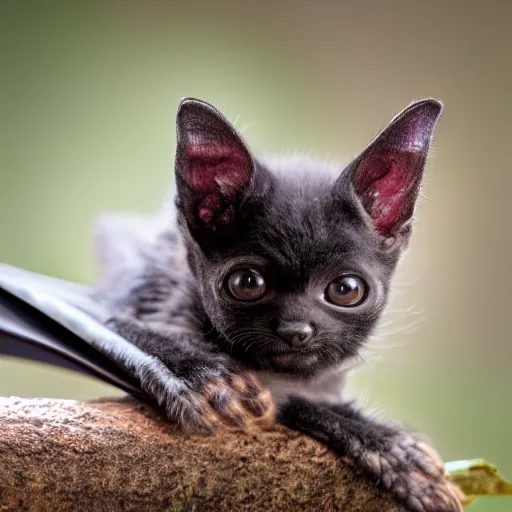 Image similar to a bat kitten, sitting on a tree, photo taken by a nikon, very detailed, 4k