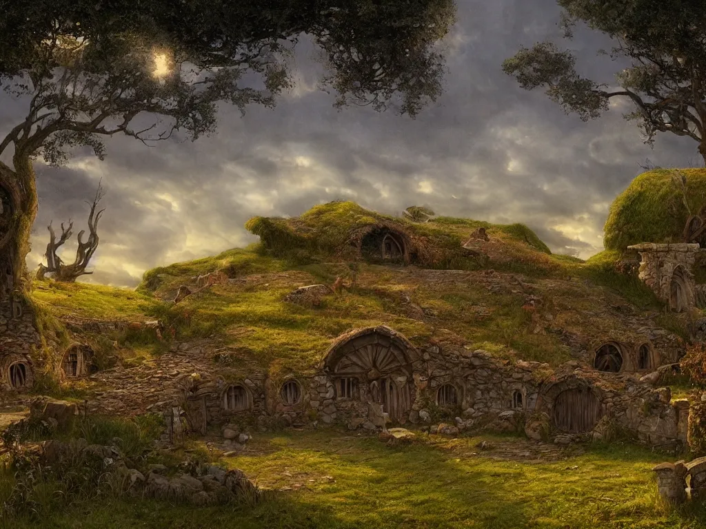 Image similar to Hobbiton in ruins, evening, detailed matte painting, cinematic, Alan Lee, Artstation