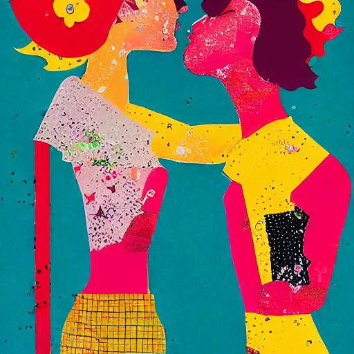 Image similar to two women kissing at a carnival, mixed media collage, retro, paper collage, magazine collage, acrylic paint splatters, double exposure,