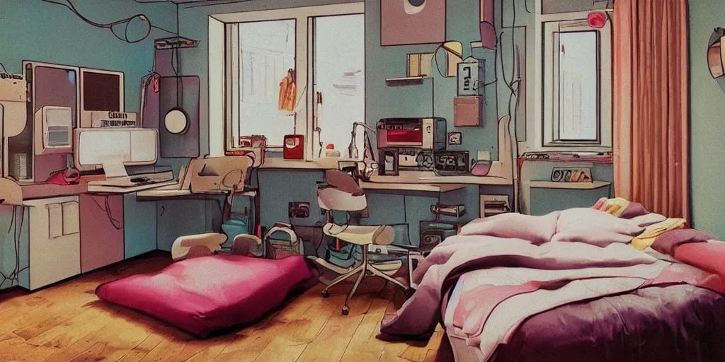 Image similar to cozy 8 0 s bedroom retrofuturism, cluttered, wires everywhere, computer, window, detailed