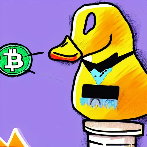 Image similar to digital art, a duck dressed in a jacket suit with a hat predicting a crash in the cryptocurrency markets