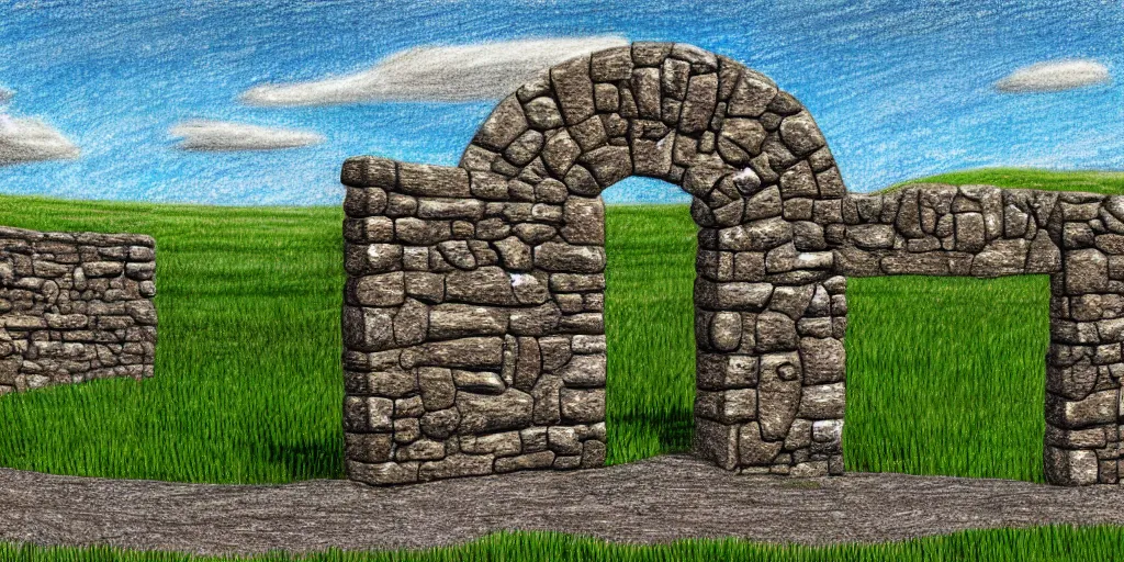 Image similar to Drawing of a large scale field landscape. single gritty stone gate as centerpiece. Stylized. Digital art. 8k. Evocative.