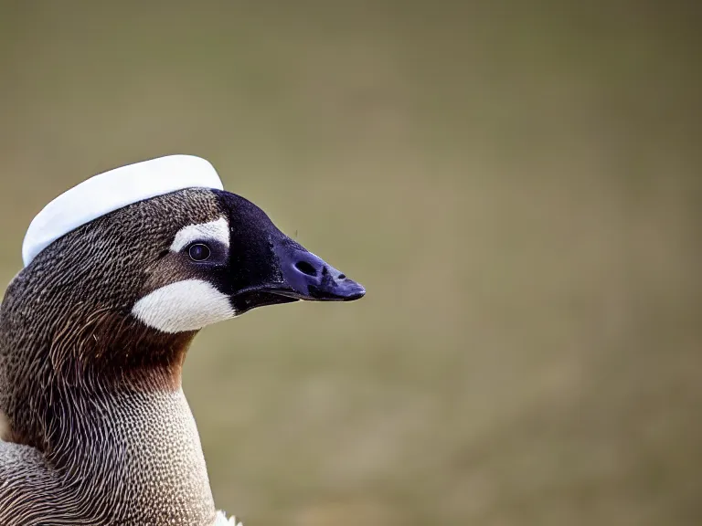 Image similar to Canadian Goose with a funny hat, Portrait Photo, Photorealistic, 100mm lens, out of focus