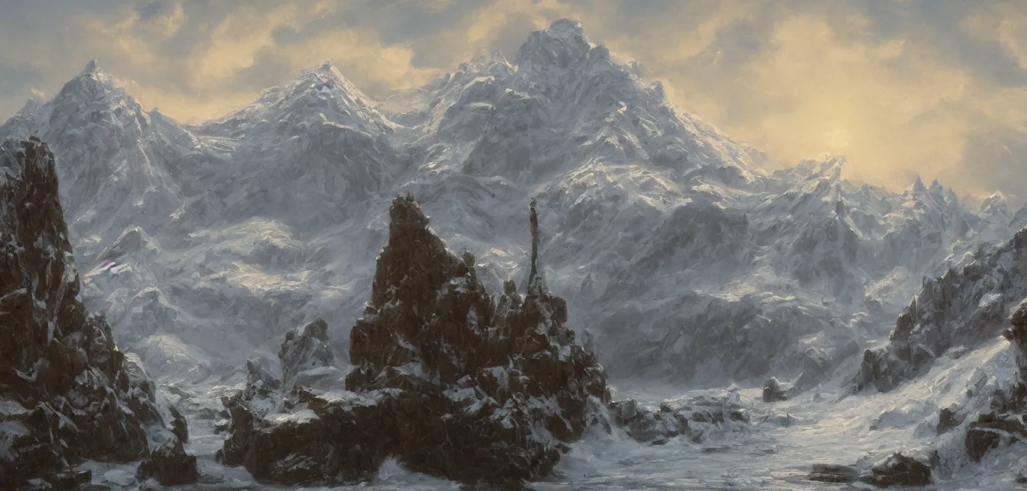 Prompt: detailed Photorealistic oil painting of an epic scene containing A snowy mountain that faces the open water and is blocked off by a large castle