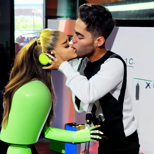 Image similar to ariana grande kissing an android robot mascot at the tech lab 4k photo