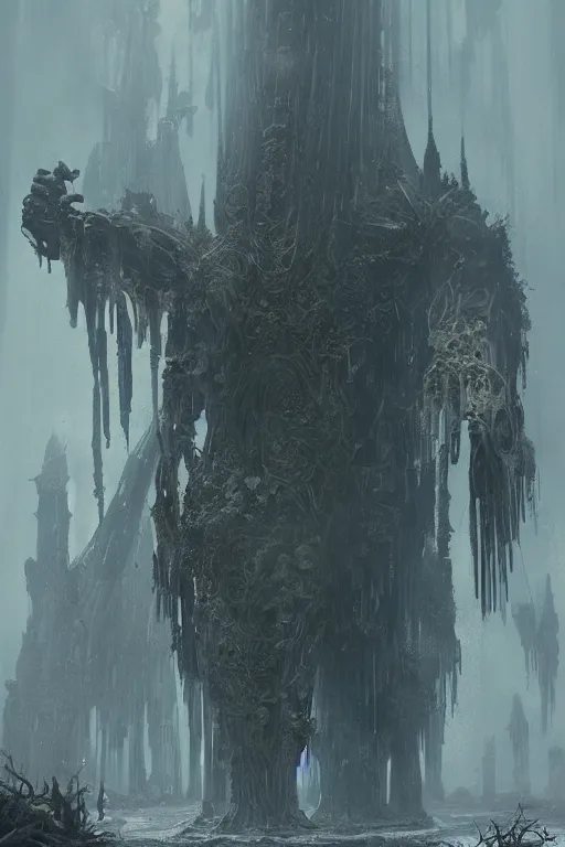 Image similar to a humanoid giant with four arms and bird feet | ruined cathedral | misty swamp | fantasy concept art by greg rutkowski