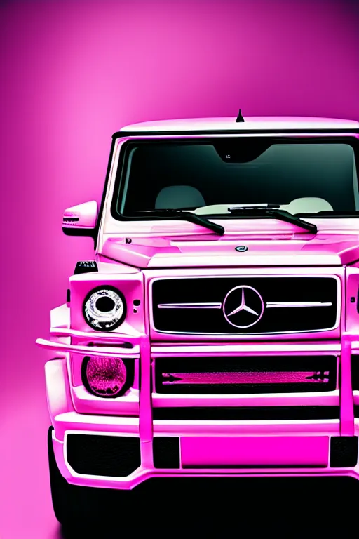 Prompt: Poster Photo of a pink Mercedes-Benz G63, vibrant, studio lighting