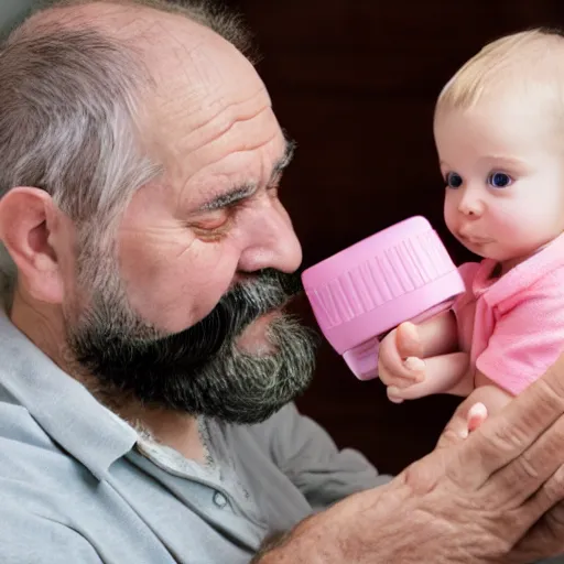 Image similar to cute cartoon character, beard grandpa taking a photo to a baby girl, old camera