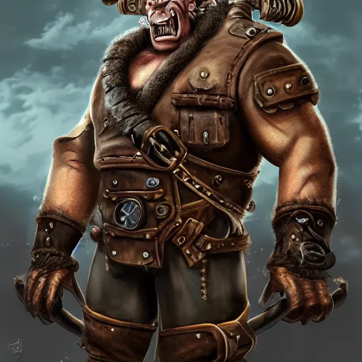 Prompt: portrait of a muscular, bald orc mechanic, wearing a heavy brown leather coat, wielding a wrench, tusks, steampunk setting, gears, airship, Warcraft character, dramatic lighting, high detail, digital art