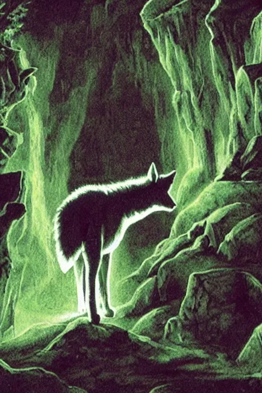 Prompt: a wolf standing at the opening of a green glowing cave howling in a 7 0 s style illusion