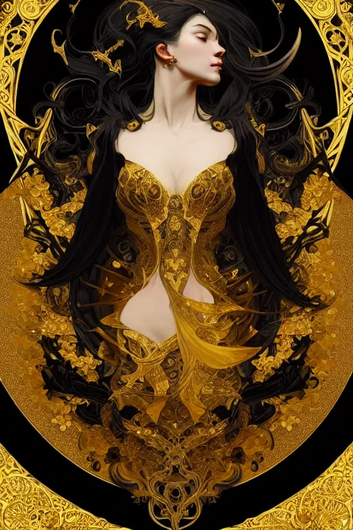 Image similar to beautiful black yellow, complicated gold baroque style decoration, dark fantasy, intricate, elegant, highly detailed, digital painting, artstation, concept art, matte, sharp focus, illustration, octane rendered, art by artgerm and alphonse mucha, leesha hannigan, ross tran