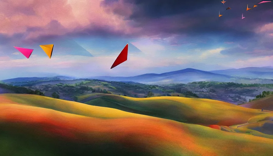 Prompt: a beautiful landscape painting, flying colorful paper planes, tuscany hills, by sam guay, moody lighting, hyperrealism, 4 k, octane render